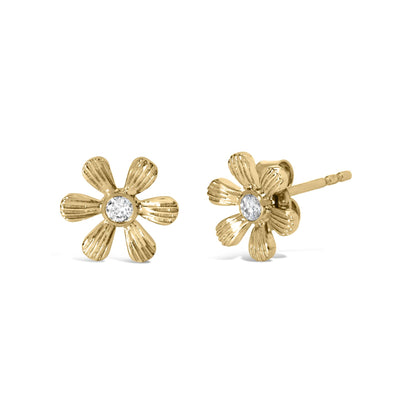 Pair of yellow metal flower-shaped stud earrings with round white gemstones in the center, shown from front and side angles.
