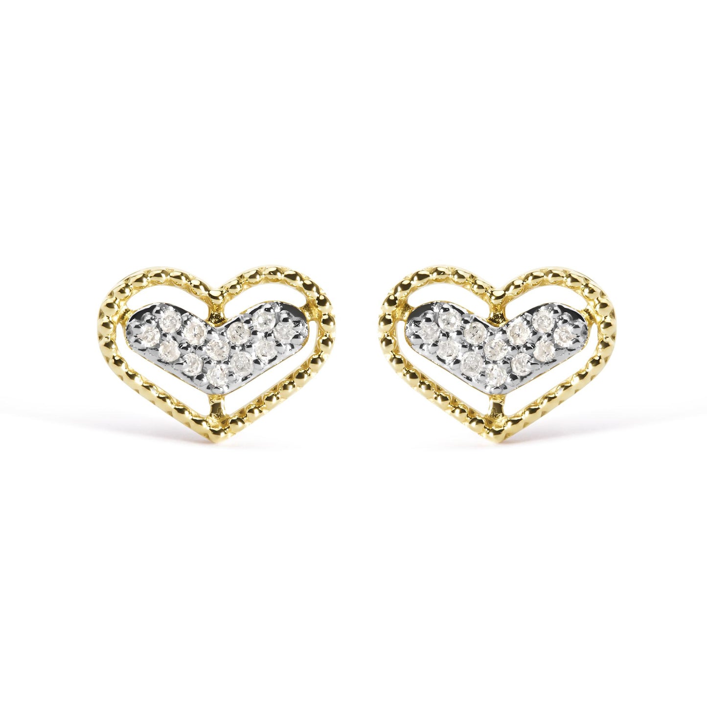 Front view of a pair of yellow metal heart-shaped earrings with inner heart filled with white round gemstones in prong settings.