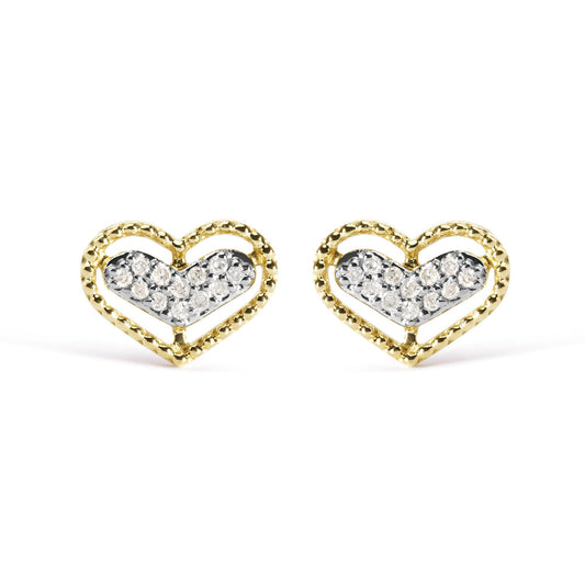 Front view of a pair of yellow metal heart-shaped earrings with inner heart filled with white round gemstones in prong settings.