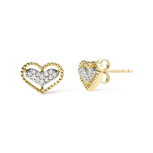 Pair of yellow metal heart-shaped earrings with white gemstones in prong setting, shown from front and side angles on a white background.