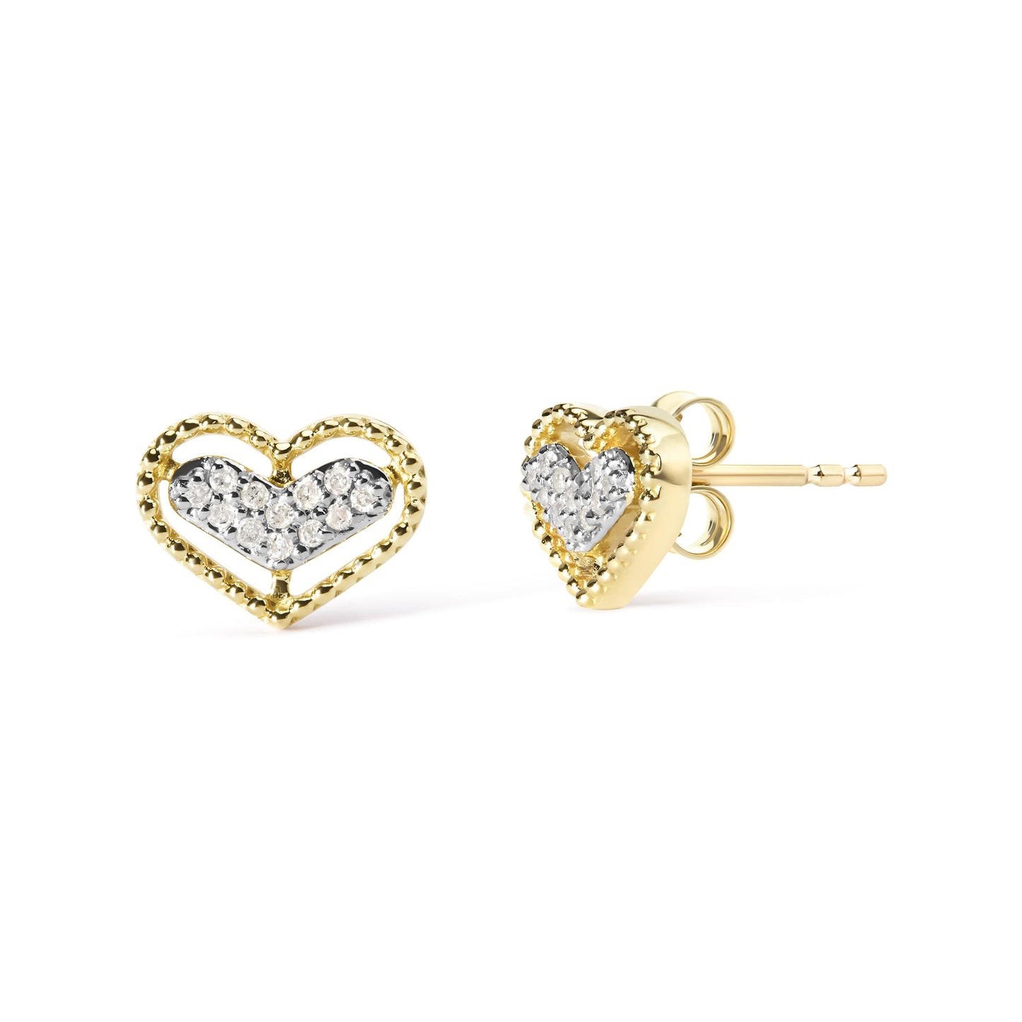 Pair of yellow metal heart-shaped earrings with white gemstones in prong setting, shown from front and side angles on a white background.
