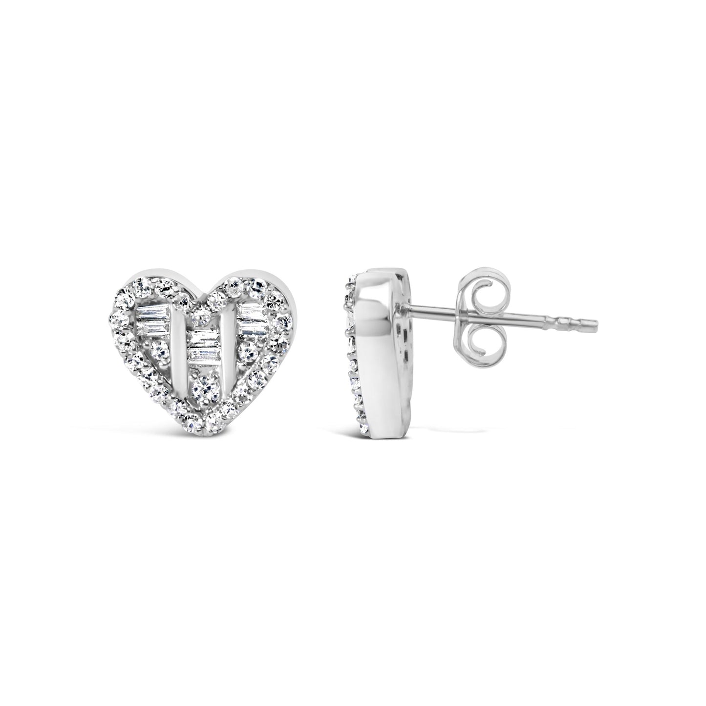 Pair of white metal heart-shaped stud earrings with round and baguette white gemstones, shown from front and side angles.