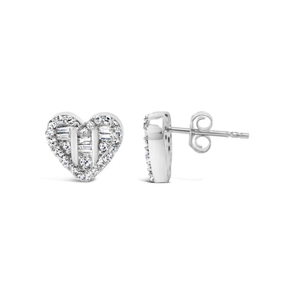 Pair of white metal heart-shaped stud earrings with round and baguette white gemstones, shown from front and side angles.