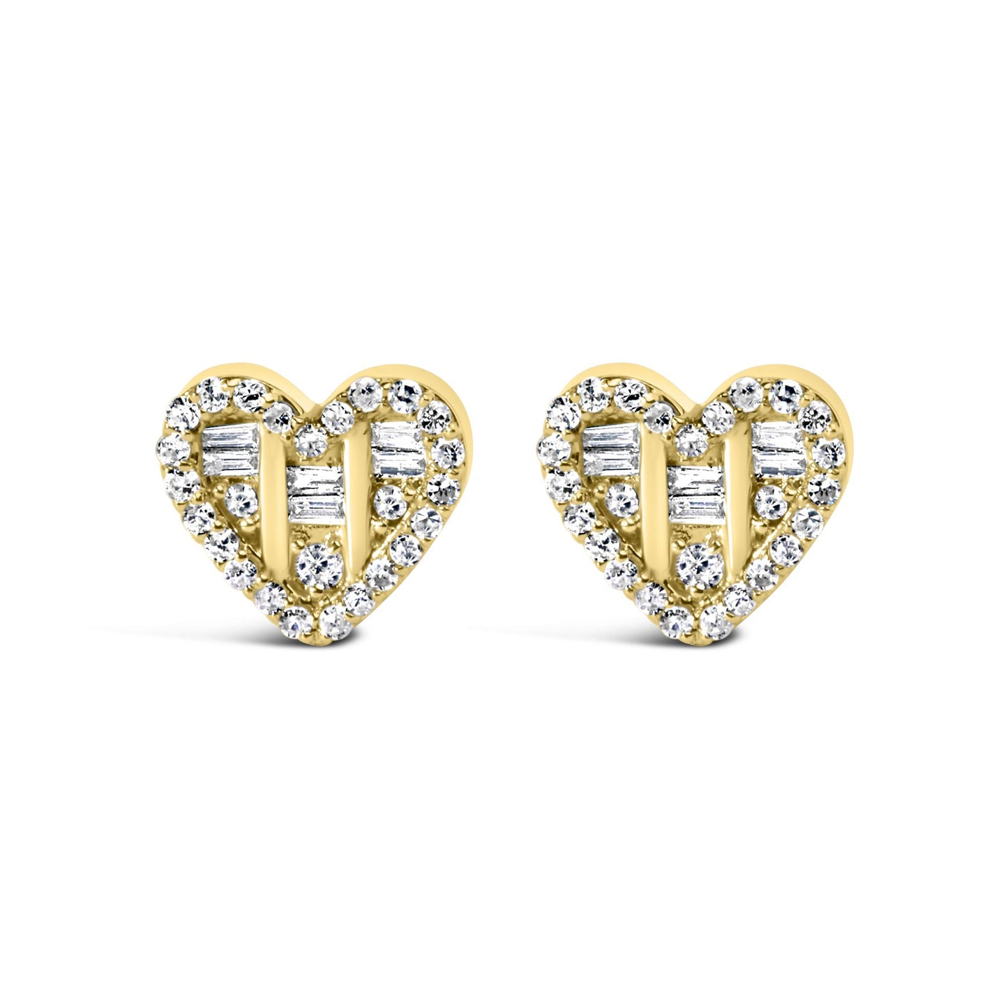 Front angle view of yellow heart-shaped stud earrings with round and baguette-shaped white gemstones in prong and channel settings.