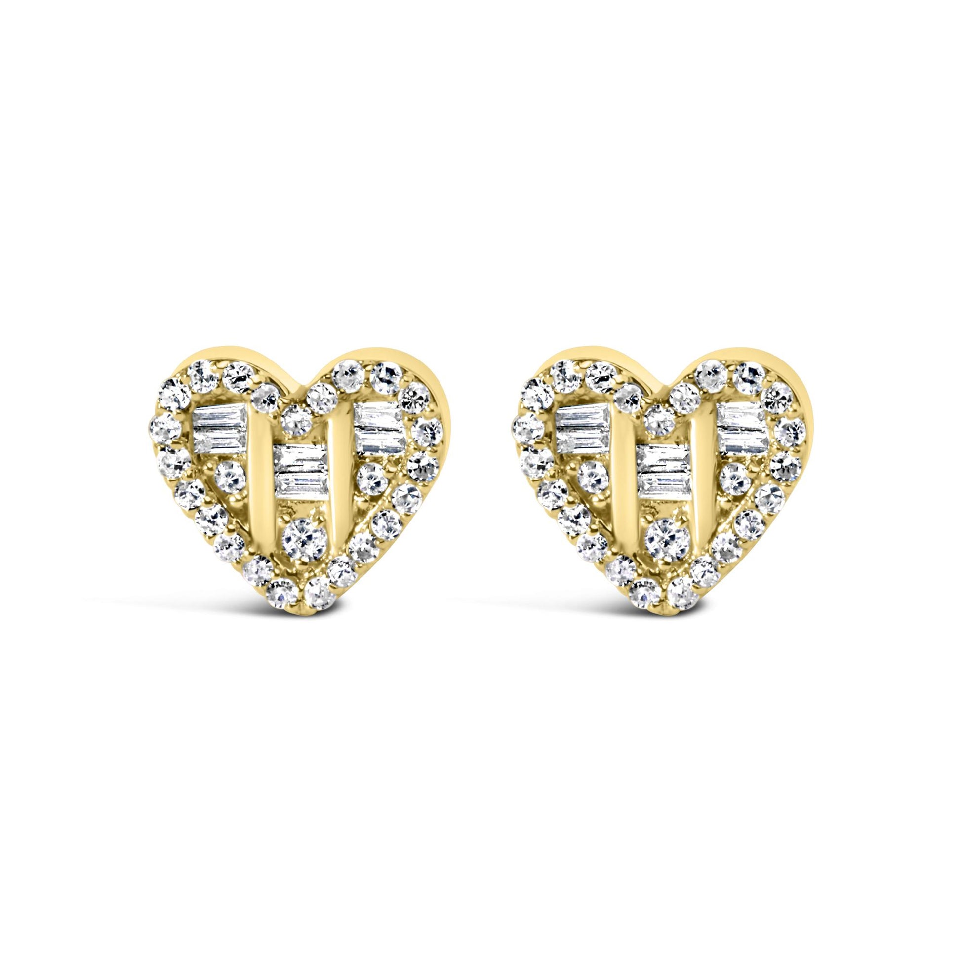 Front angle view of yellow heart-shaped stud earrings with round and baguette-shaped white gemstones in prong and channel settings.