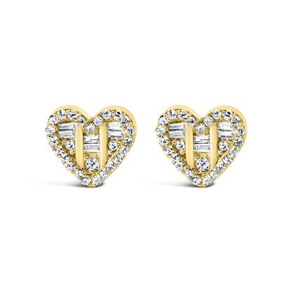 Front angle view of yellow heart-shaped stud earrings with round and baguette-shaped white gemstones in prong and channel settings.