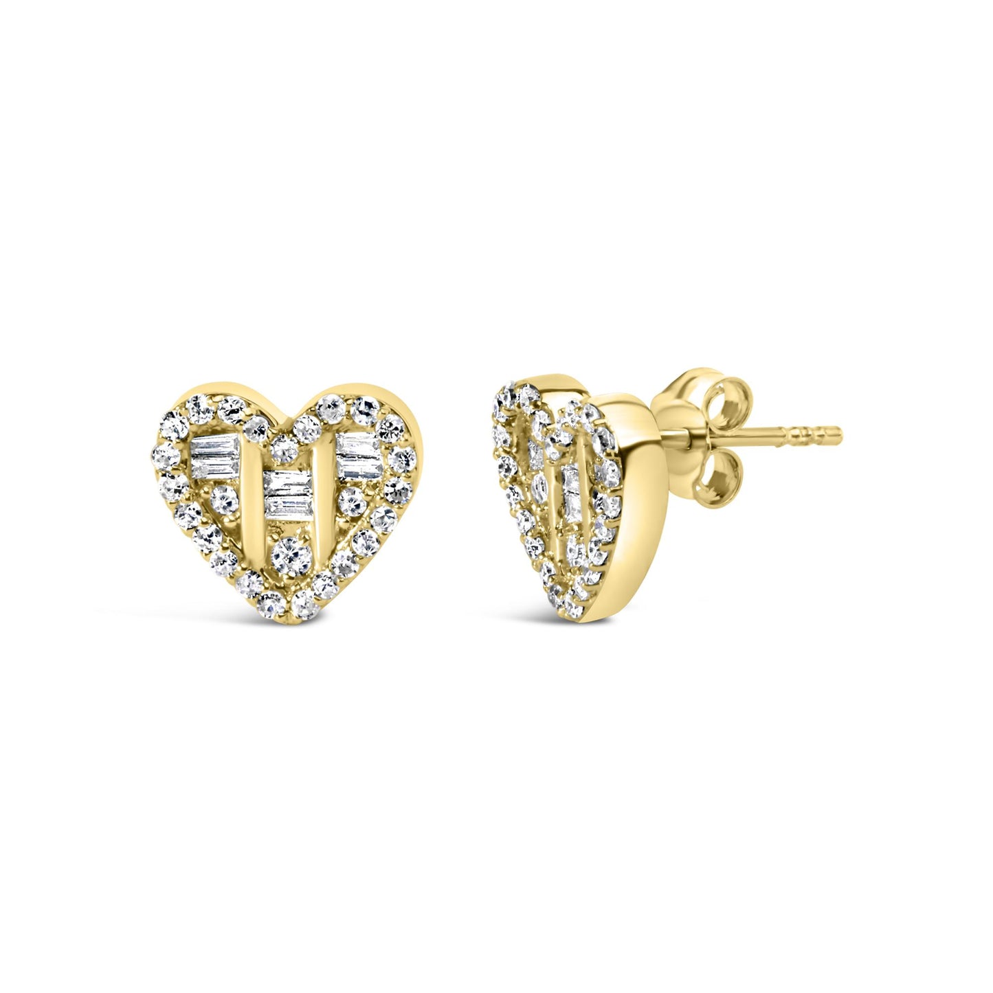 Pair of yellow metal heart-shaped earrings with round and baguette white gemstones, shown from front and side angles.