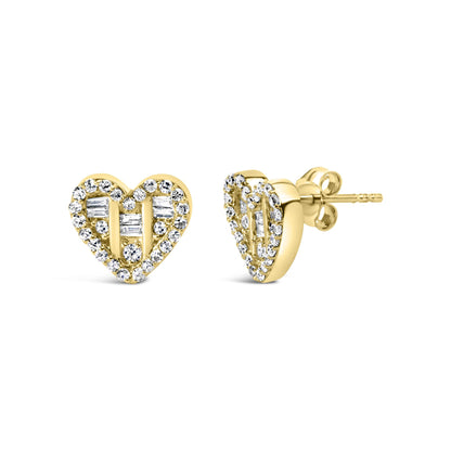 Pair of yellow metal heart-shaped earrings with round and baguette white gemstones, shown from front and side angles.