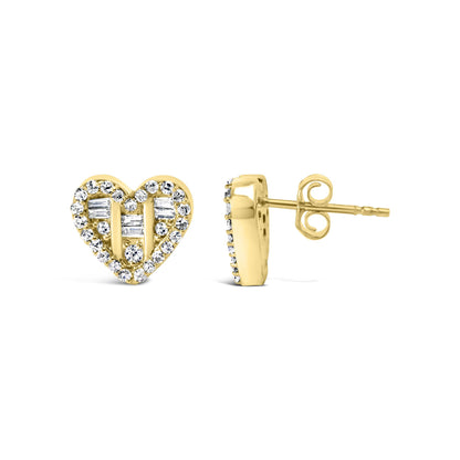 Front and side views of yellow metal heart-shaped stud earrings with round and baguette white gemstones, shown against a white background.