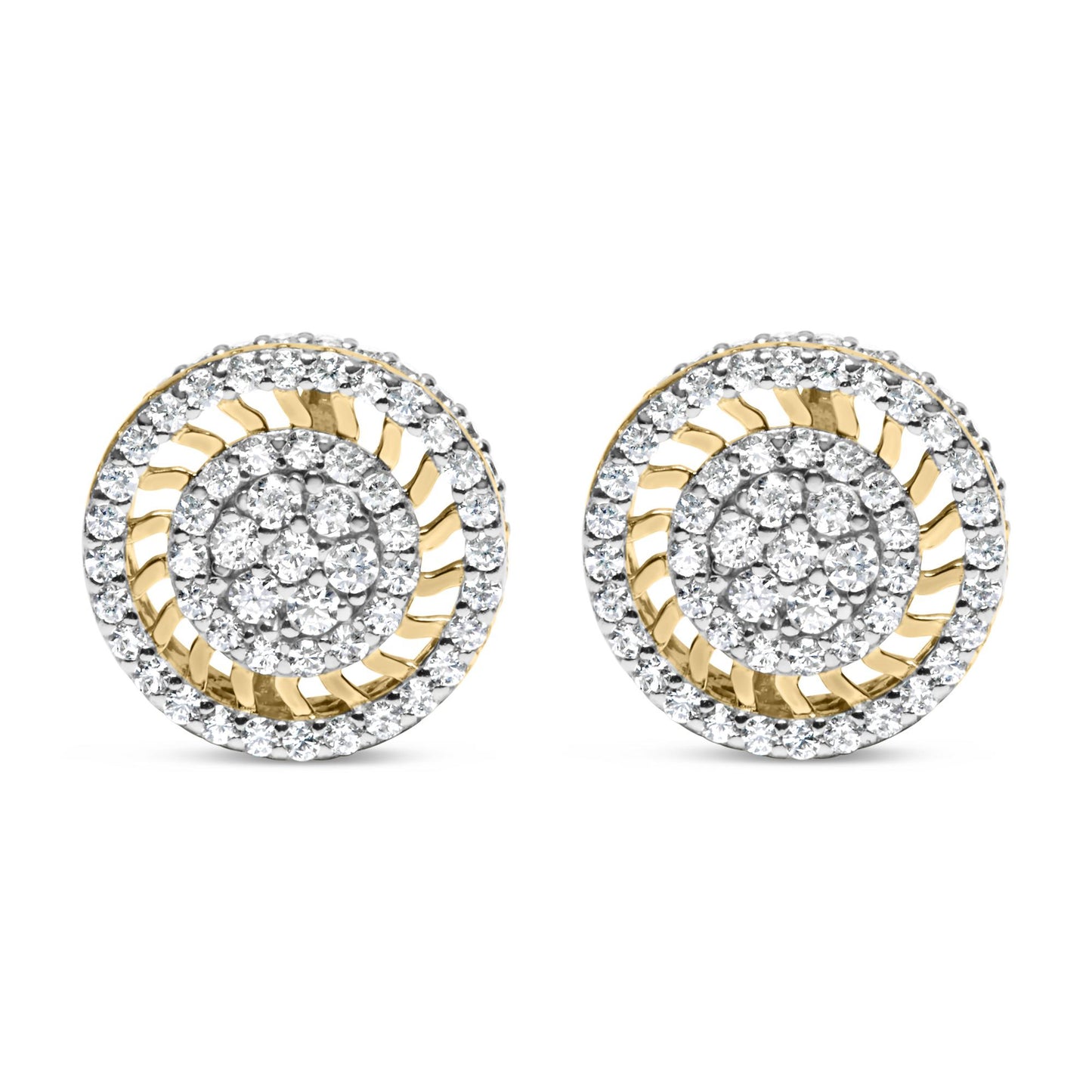 Front view of yellow metal round-shaped earrings with white round gemstones in prong settings arranged in concentric circles.