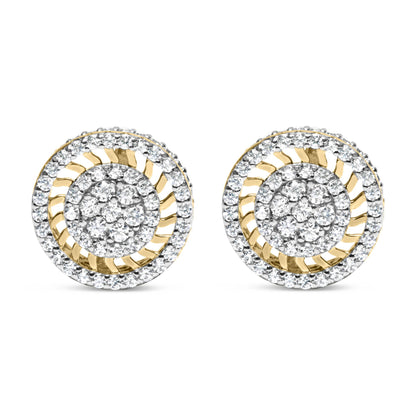 Front view of yellow metal round-shaped earrings with white round gemstones in prong settings arranged in concentric circles.