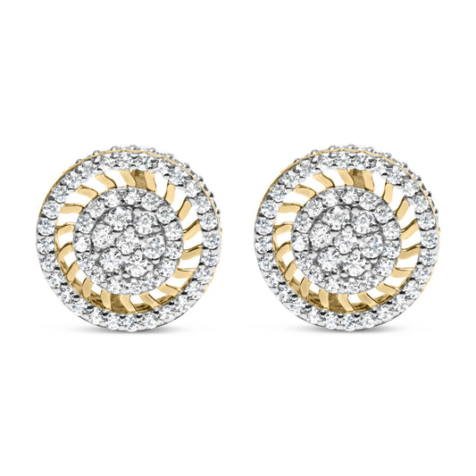 Front view of yellow metal round-shaped earrings with white round gemstones in prong settings arranged in concentric circles.