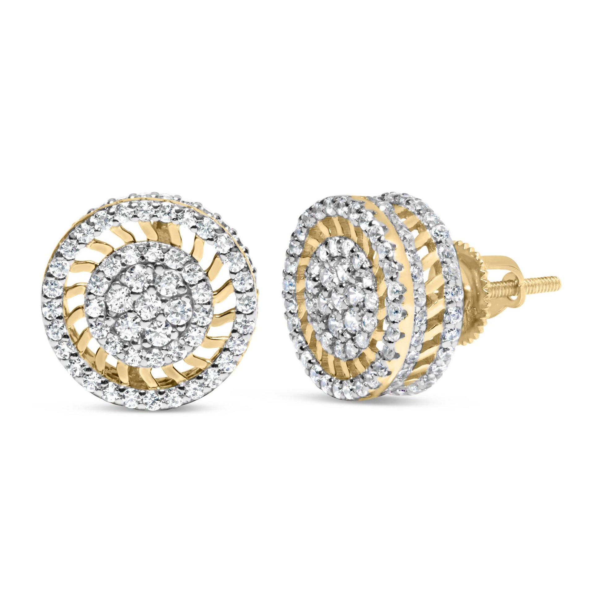 Close-up front and side view of yellow metal round stud earrings with white round prong-set gemstones arranged in concentric circles.