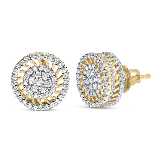 Close-up front and side view of yellow metal round stud earrings with white round prong-set gemstones arranged in concentric circles.