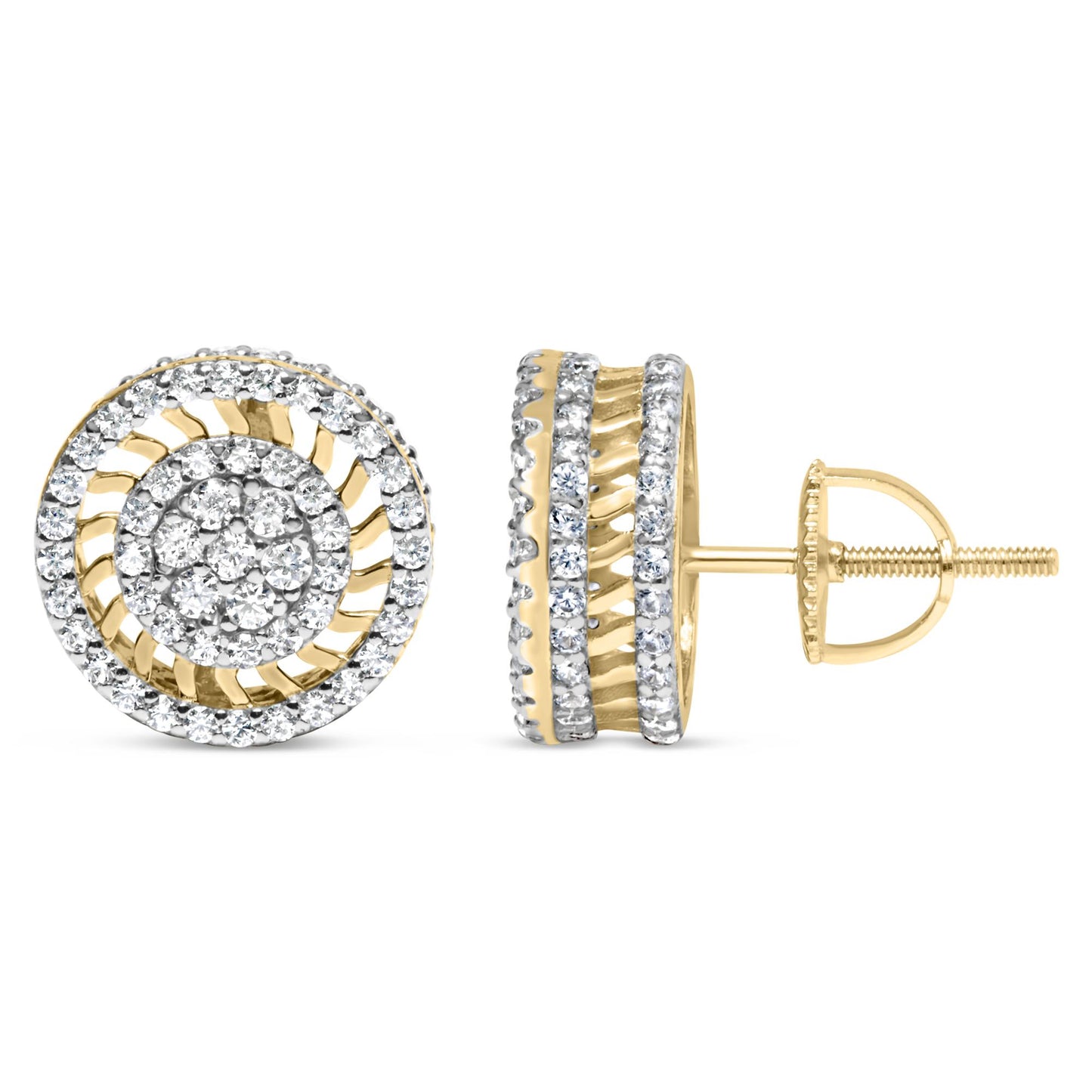 Front and side view of round yellow metal stud earrings with prong-set white gemstones in circular patterns.