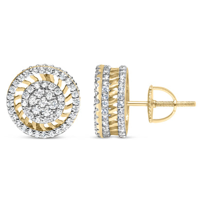 Front and side view of round yellow metal stud earrings with prong-set white gemstones in circular patterns.