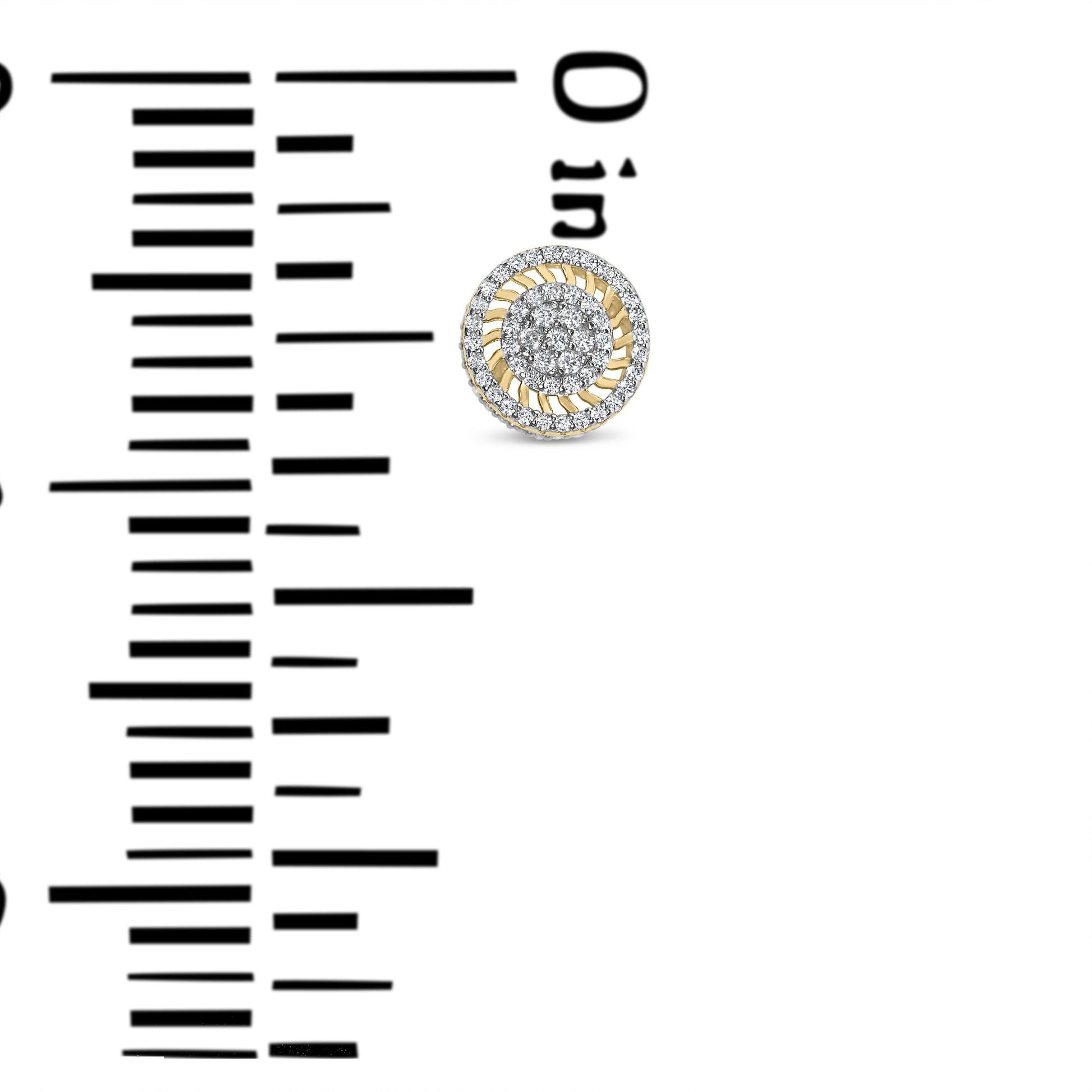 Close-up front view of a yellow metal round earring with white round gemstones in a prong setting, displayed on a ruler for size reference.