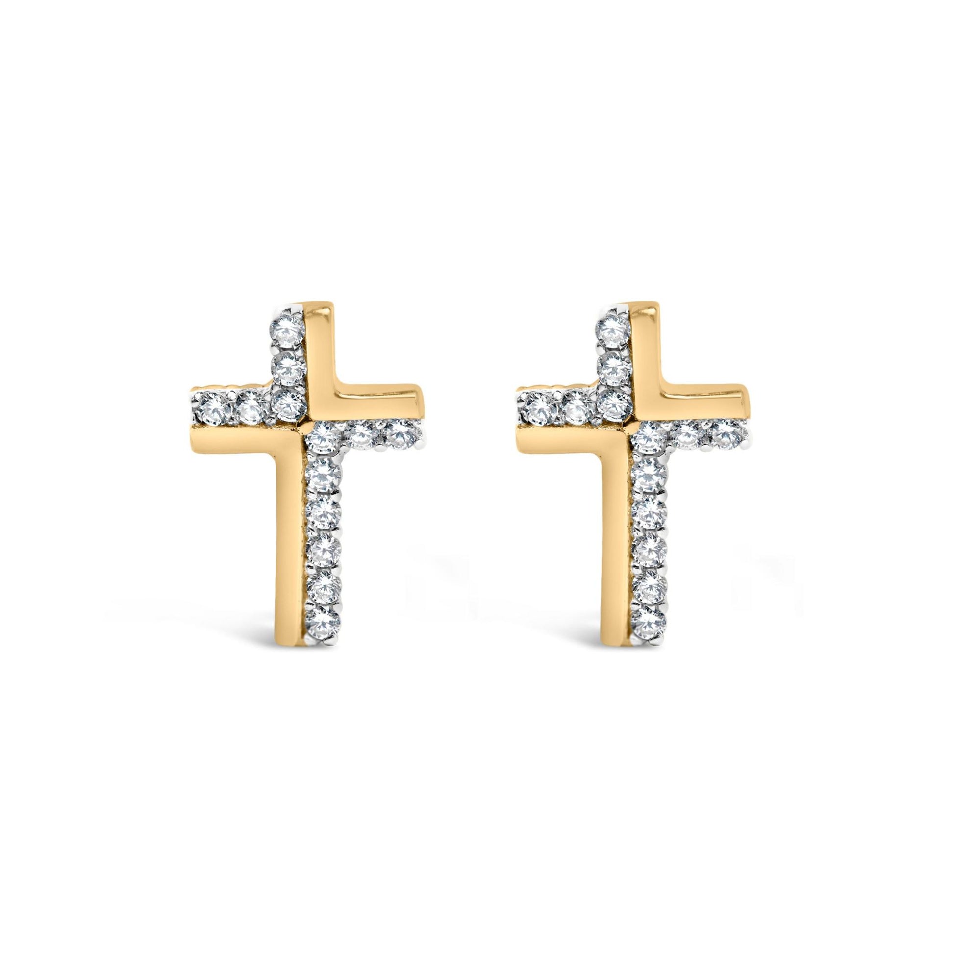 Front-facing shot of yellow metal cross-shaped earrings accented with white round gemstones in prong settings.