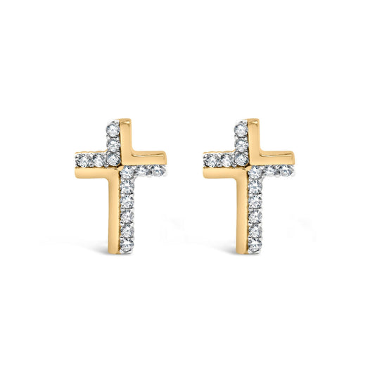 Front-facing shot of yellow metal cross-shaped earrings accented with white round gemstones in prong settings.
