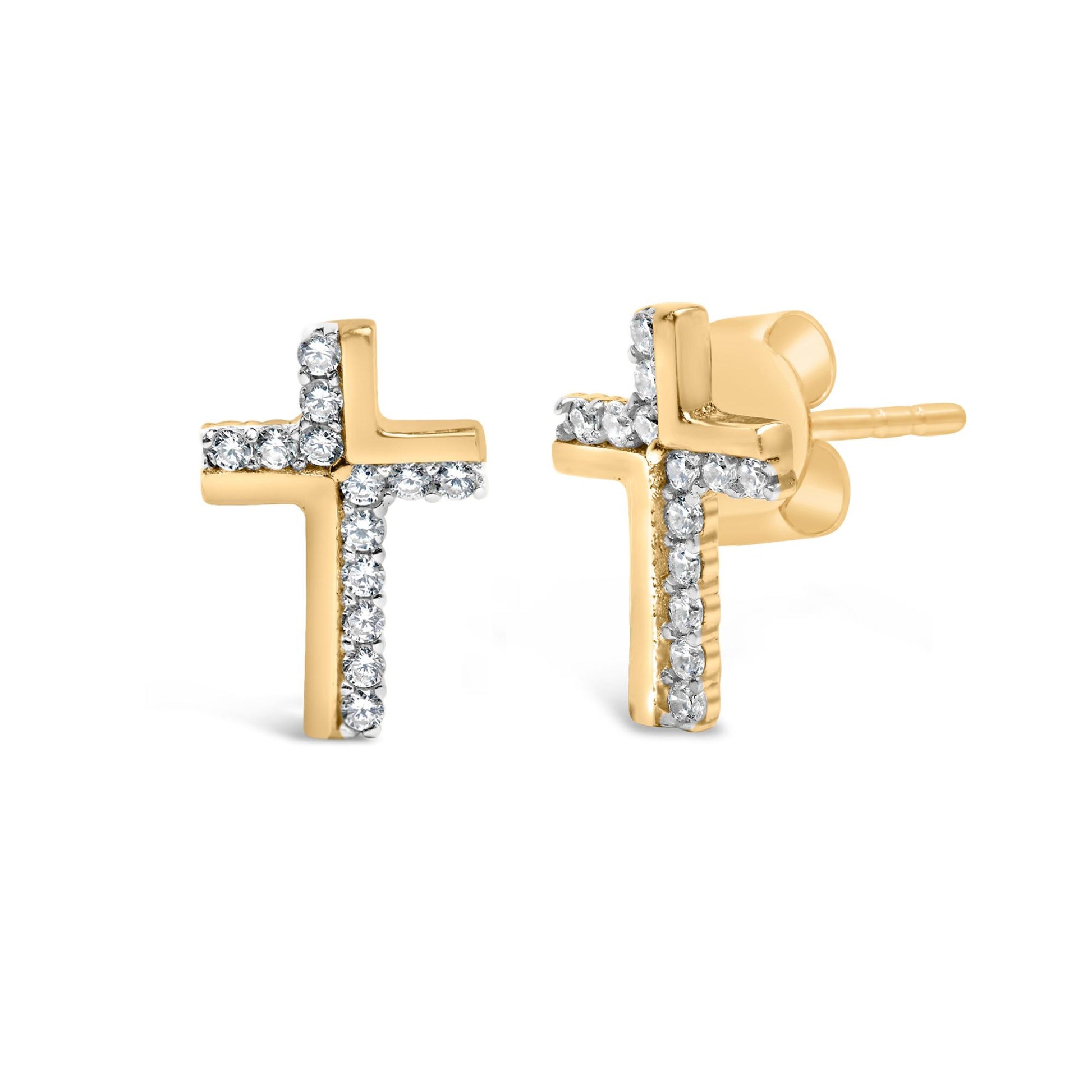 Front and side view of yellow metal cross-shaped earrings with white round gemstones in prong settings.