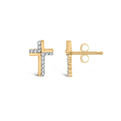 Front and side views of yellow metal cross-shaped stud earrings with round white gemstones in prong setting, shown on a white background.