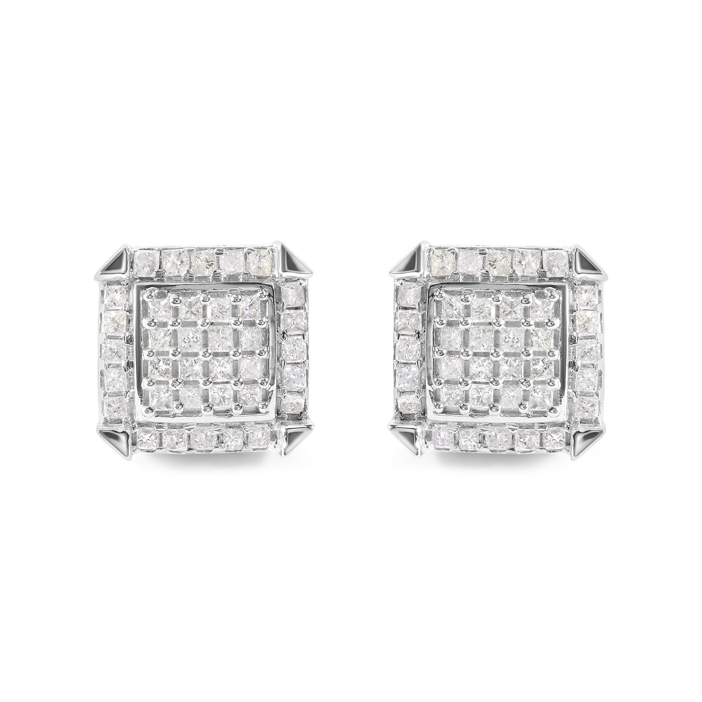 Front view of a pair of white metal square-shaped stud earrings featuring prong-set white princess-shaped gemstones.