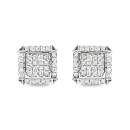 Front view of a pair of white metal square-shaped stud earrings featuring prong-set white princess-shaped gemstones.