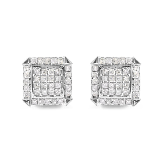 Front view of a pair of white metal square-shaped stud earrings featuring prong-set white princess-shaped gemstones.