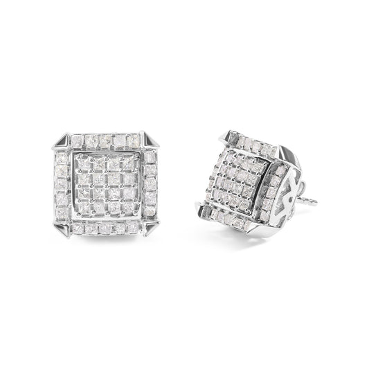 Pair of white metal square earrings with multiple white princess-shaped gemstones in prong settings, shown from front and angled side views on a white background.