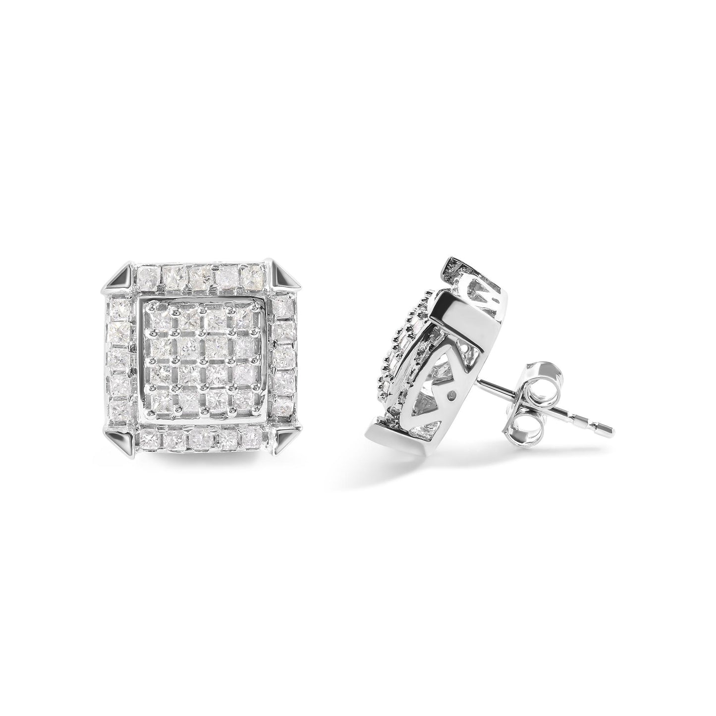 Pair of white metal square-shaped stud earrings with multiple small white gemstones in prong settings, shown from front and side angles.
