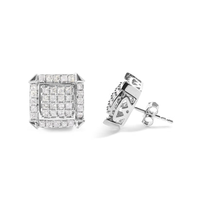 Pair of white metal square-shaped stud earrings with multiple small white gemstones in prong settings, shown from front and side angles.
