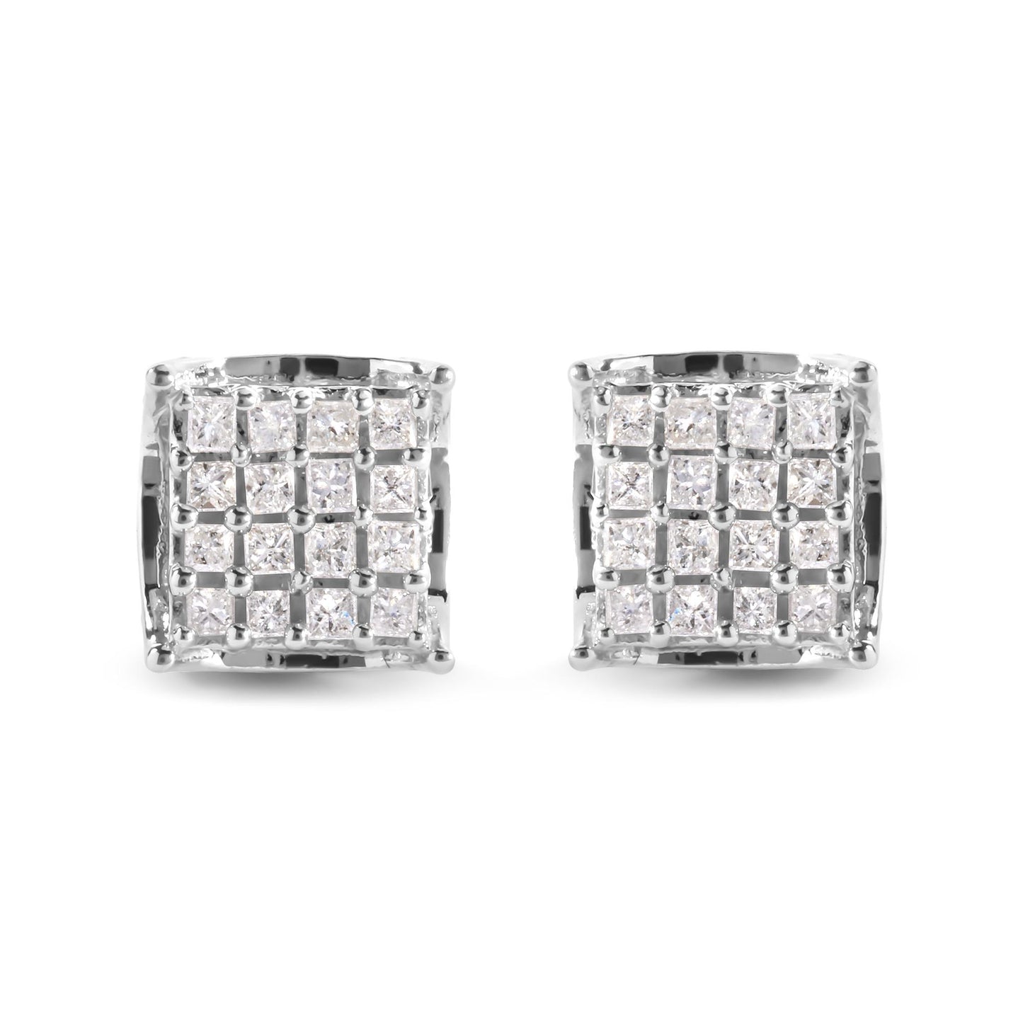 Front-facing view of a pair of white metal square-shaped earrings set with multiple white princess-shaped gemstones in prong settings.