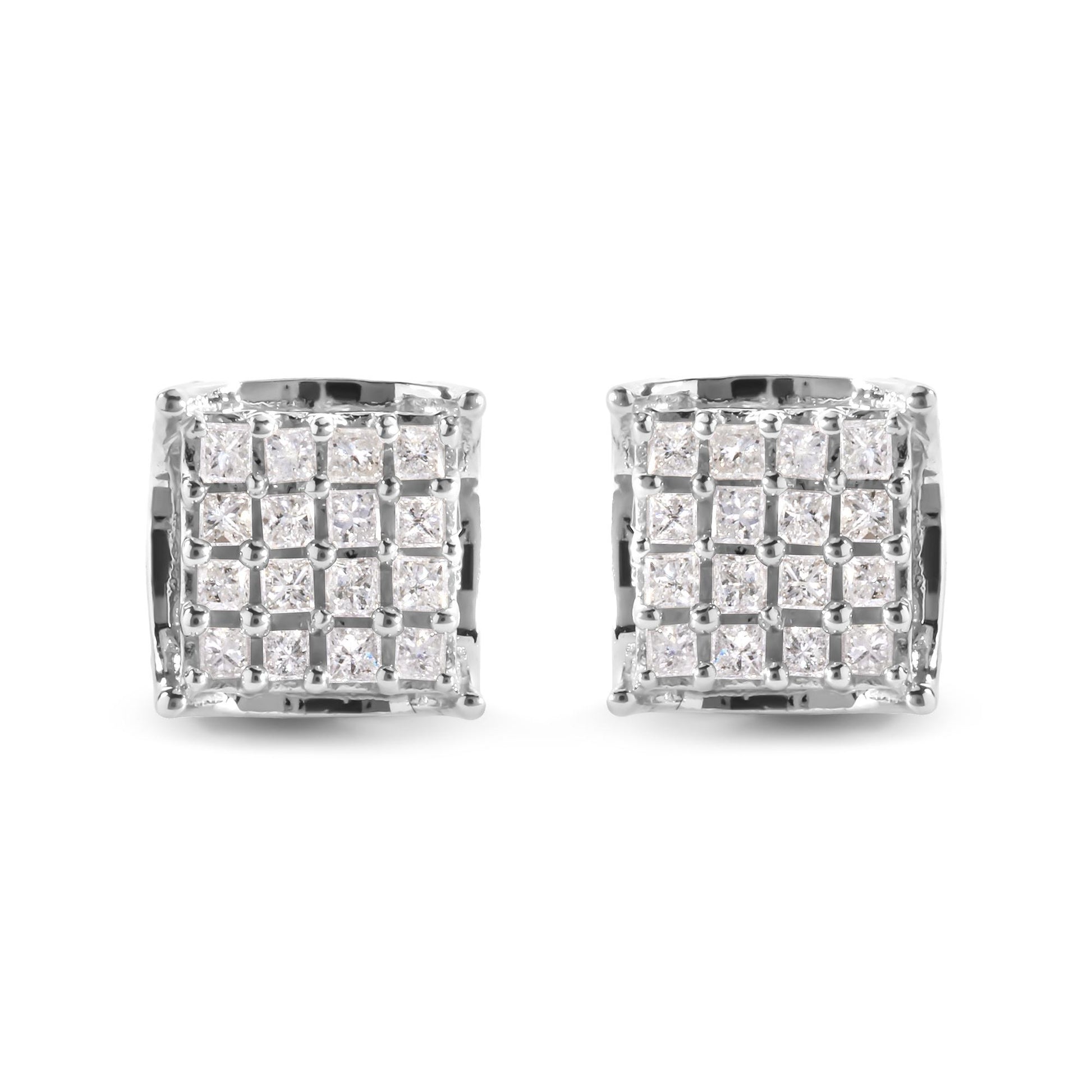 Front-facing view of a pair of white metal square-shaped earrings set with multiple white princess-shaped gemstones in prong settings.