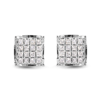 Front-facing view of a pair of white metal square-shaped earrings set with multiple white princess-shaped gemstones in prong settings.