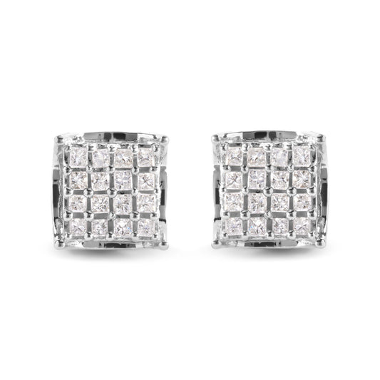 Front-facing view of a pair of white metal square-shaped earrings set with multiple white princess-shaped gemstones in prong settings.