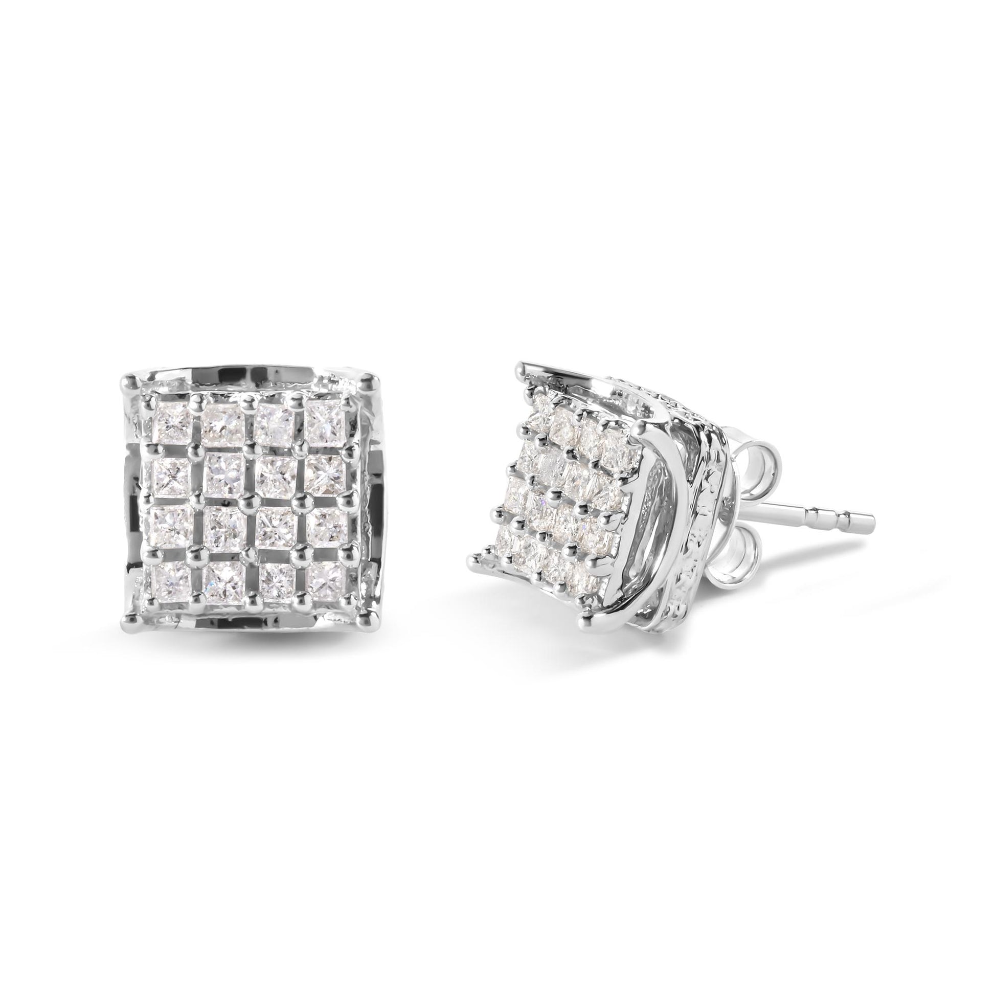 Pair of white metal square stud earrings with multiple princess-shaped white gemstones set in prongs, shown in front and side angles on a white background.