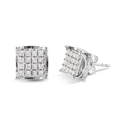 Pair of white metal square stud earrings with multiple princess-shaped white gemstones set in prongs, shown in front and side angles on a white background.