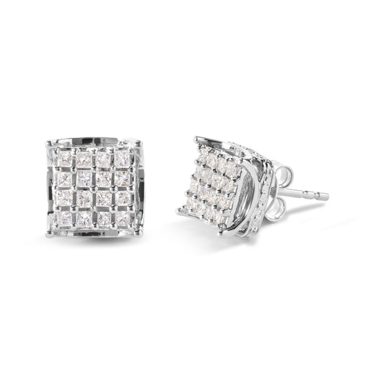 Pair of white metal square stud earrings with multiple princess-shaped white gemstones set in prongs, shown in front and side angles on a white background.