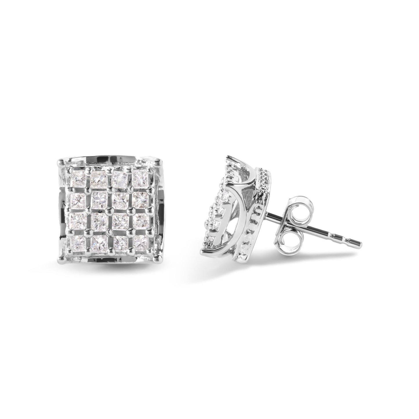 Front and side view of square-shaped white metal stud earrings with multiple princess-shaped white gemstones in prong settings, photographed on a white background.