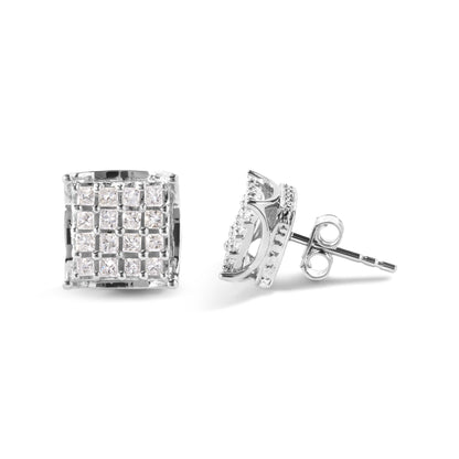 Front and side view of square-shaped white metal stud earrings with multiple princess-shaped white gemstones in prong settings, photographed on a white background.