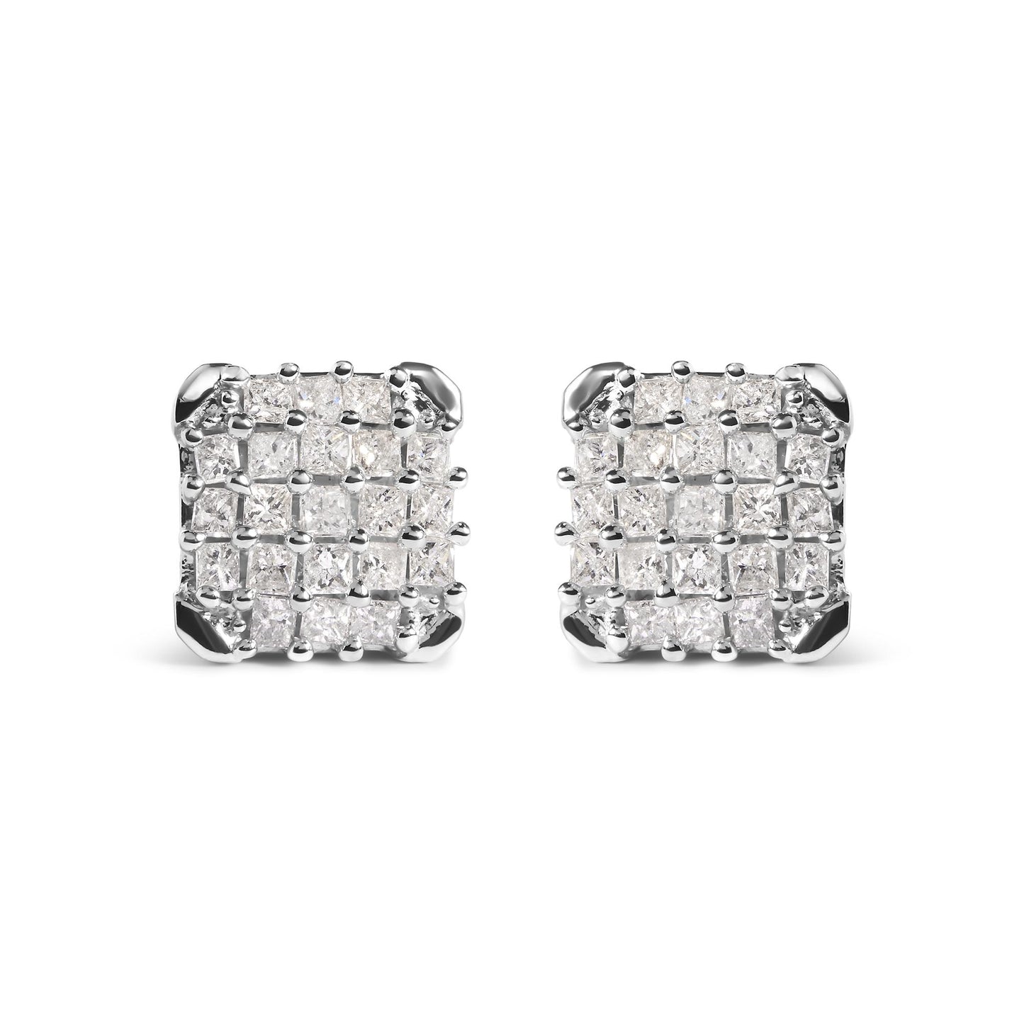 Front-facing view of a pair of square white metal earrings set with multiple princess-shaped white gemstones in prong settings.