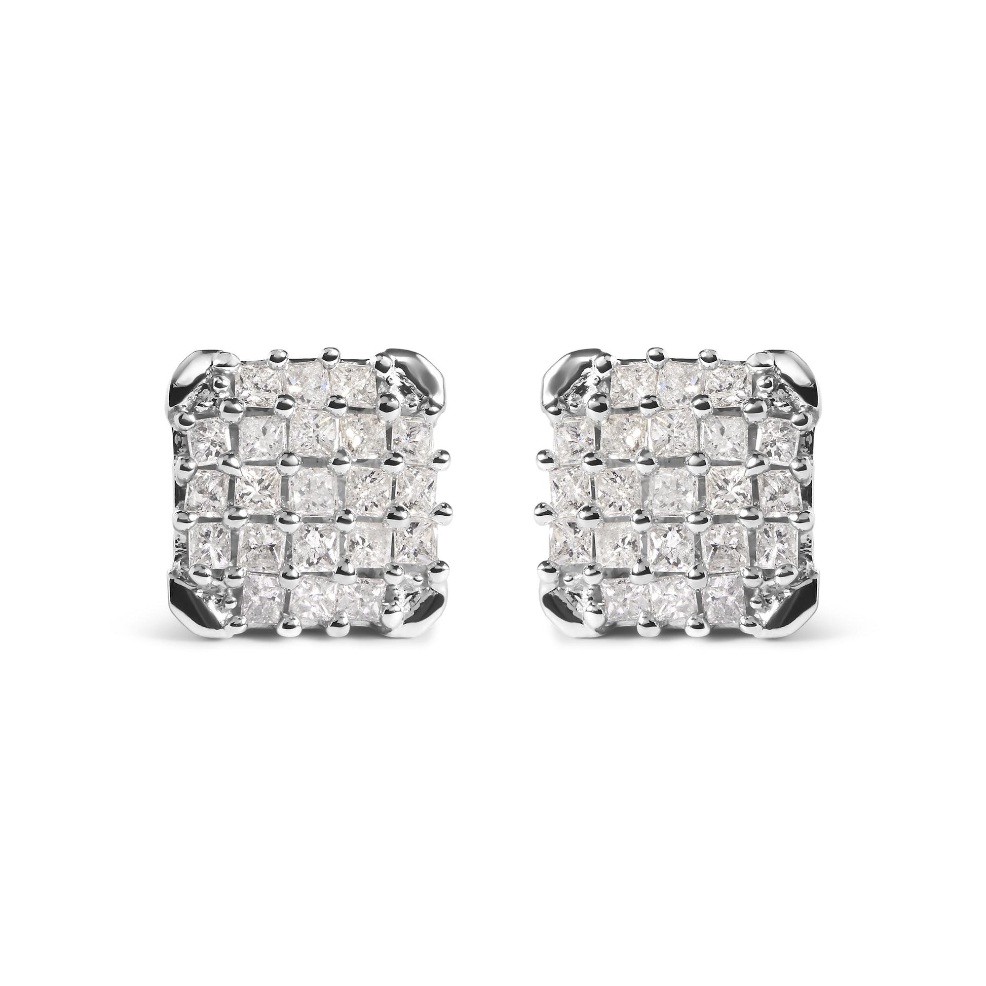 Front-facing view of a pair of square white metal earrings set with multiple princess-shaped white gemstones in prong settings.
