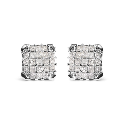 Front-facing view of a pair of square white metal earrings set with multiple princess-shaped white gemstones in prong settings.