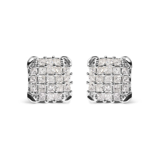 Front-facing view of a pair of square white metal earrings set with multiple princess-shaped white gemstones in prong settings.
