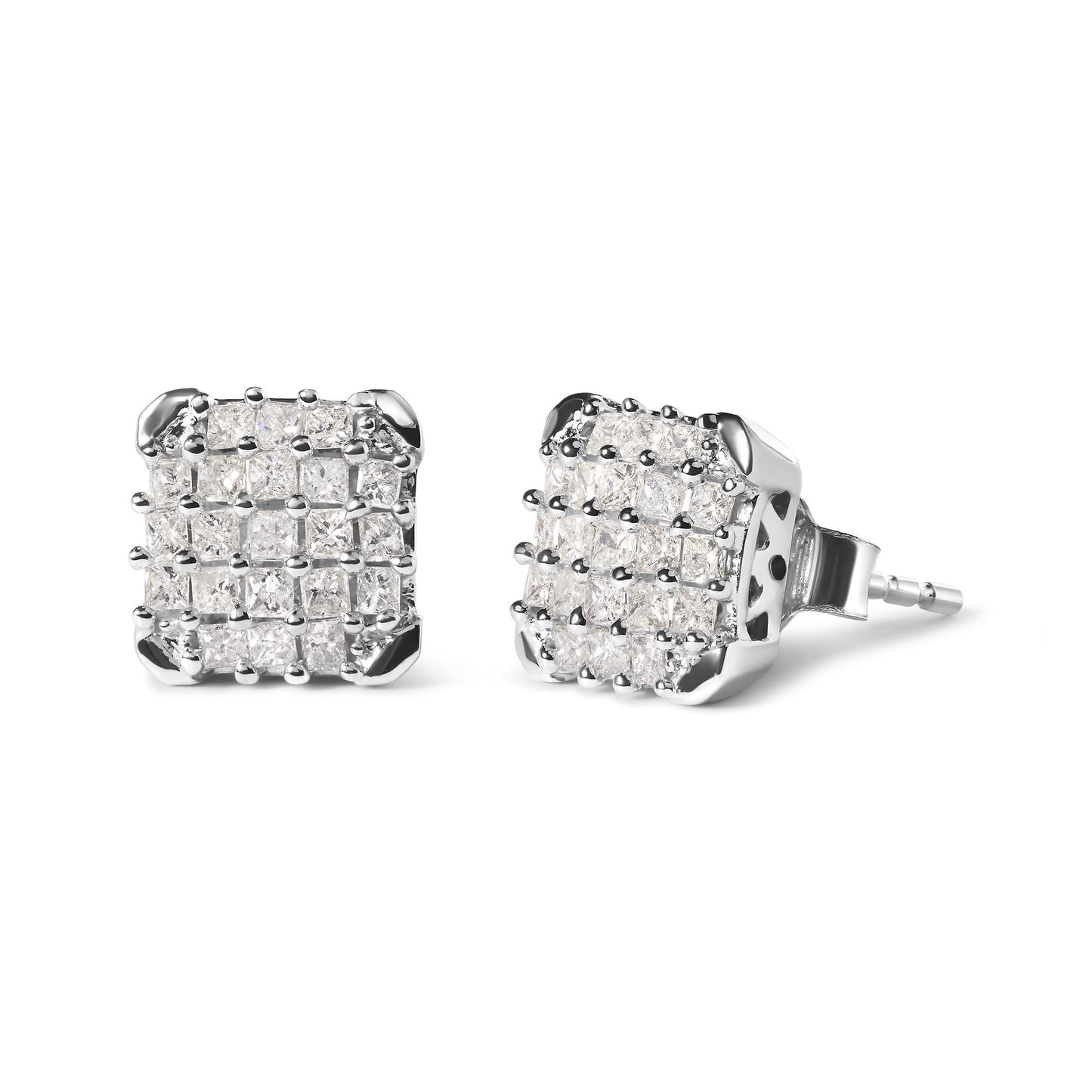Pair of white metal square earrings with prong-set white princess-shaped gemstones, shown from a front and angled side view.