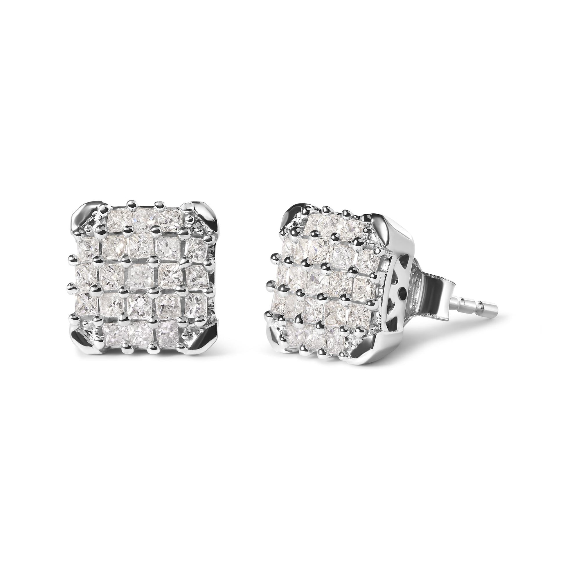 Pair of white metal square earrings with prong-set white princess-shaped gemstones, shown from a front and angled side view.