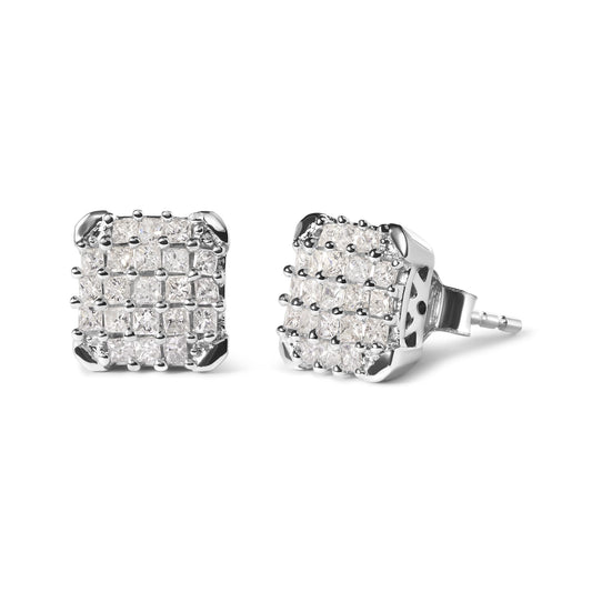 Pair of white metal square earrings with prong-set white princess-shaped gemstones, shown from a front and angled side view.