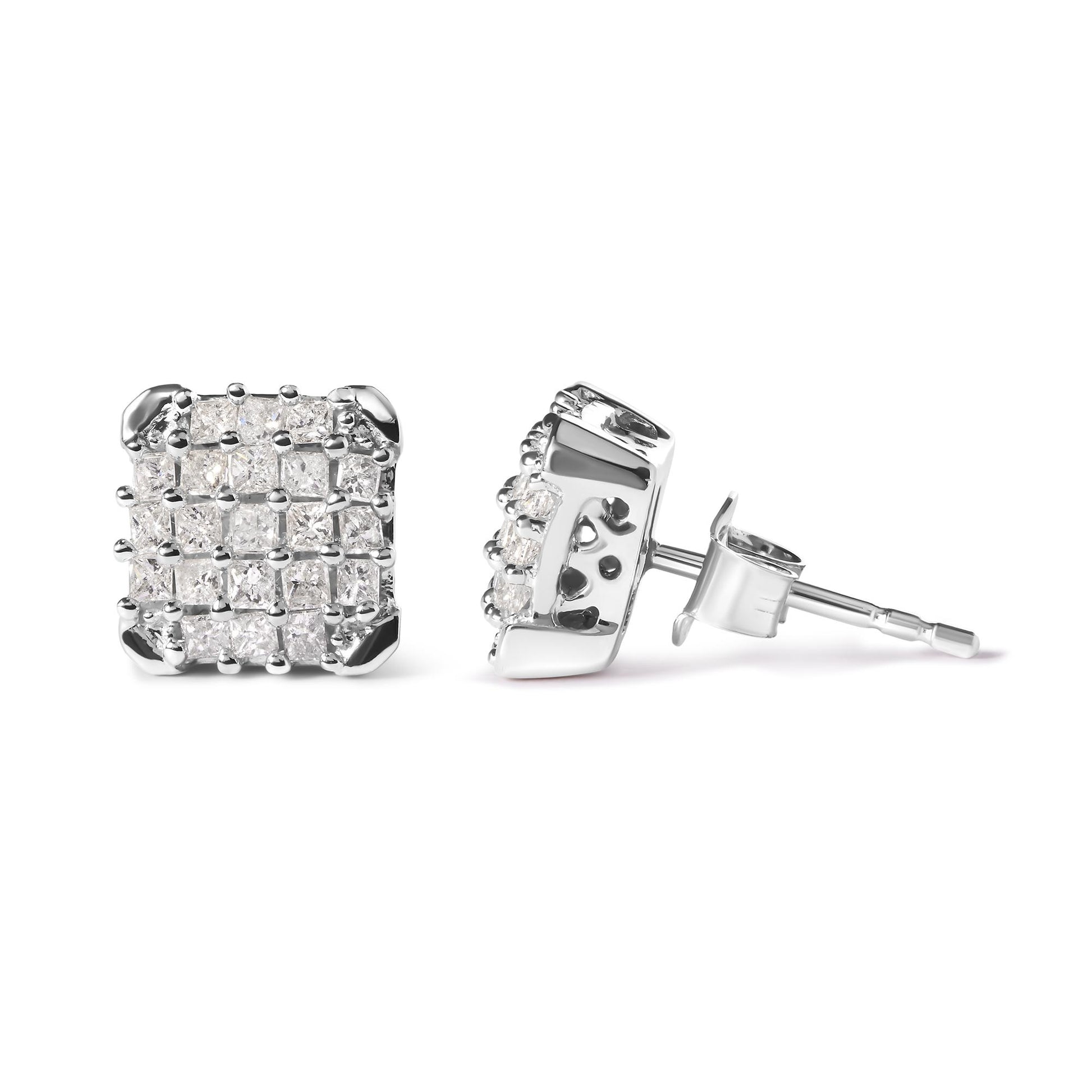 Pair of white metal square earrings with multiple small white gemstones in prong settings, shown front and side angled view.