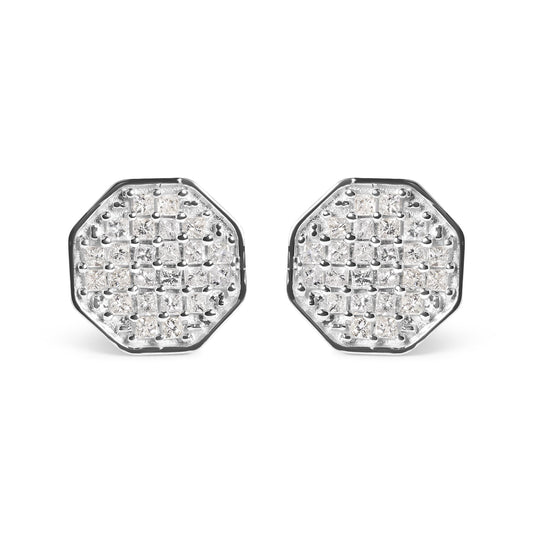 Front view of a pair of white metal octagonal earrings with multiple white gemstones in prong settings.