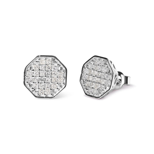 Pair of white metal octagonal stud earrings with multiple princess-shaped white gemstones in prong settings, shown from a front and angled side view.